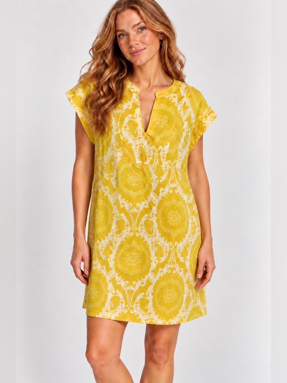 Uncle Frank Linen Yellow Ikat Damask Skully
Shift Tunic Dress mandarin collar XL
